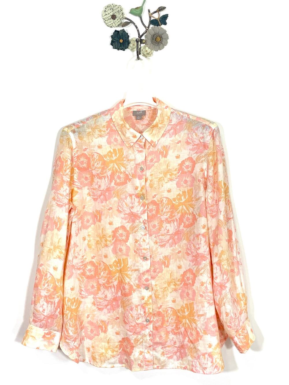 J. Jill Floral Long Sleeve Button Front Linen Blouse Top Peach Size Medium